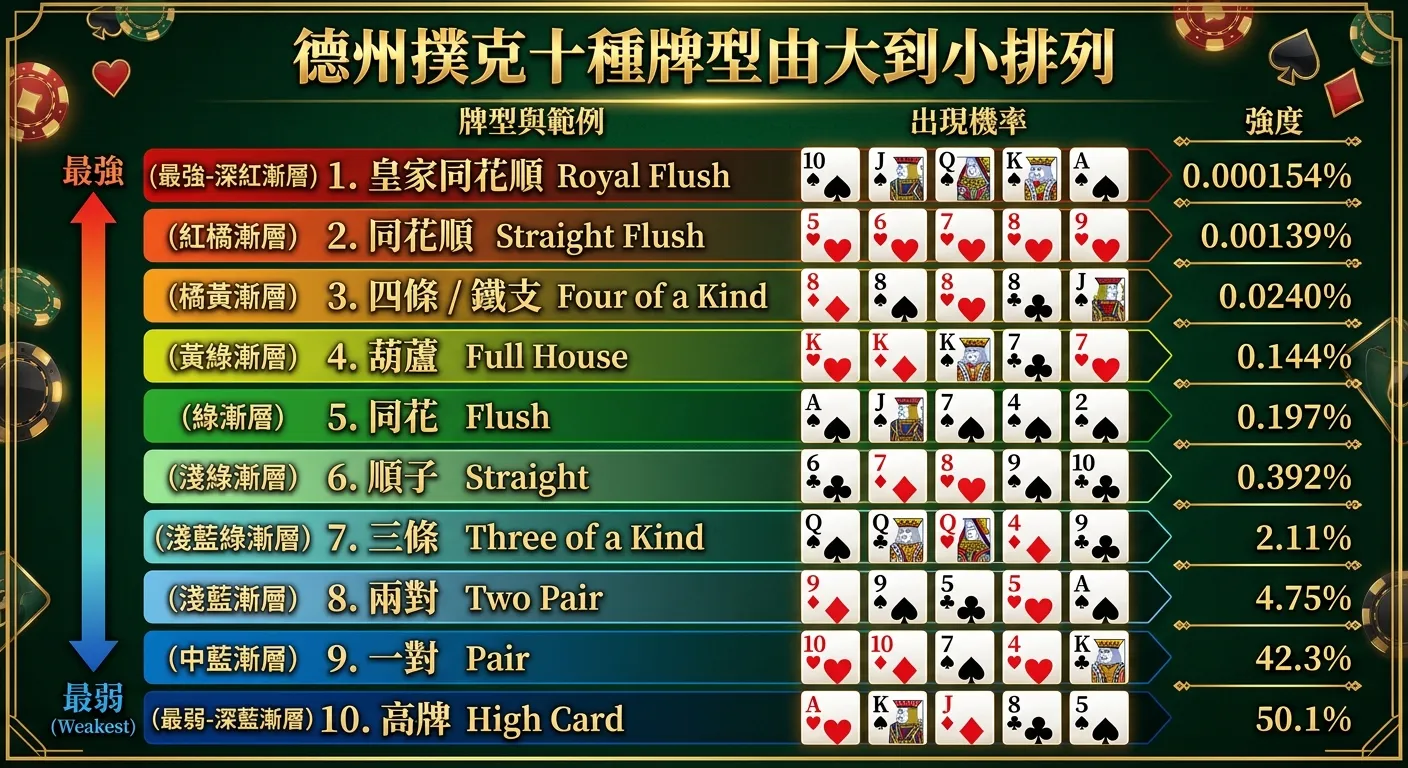 德州撲克十種牌型由大到小排列的圖解，每種牌型附上撲克牌圖示範例與中英文名稱，以漸層色帶表示強度（紅色=最強，藍色=最弱），右側附上各牌型的出現機率百分比，深綠色背景搭配金色標題文字。