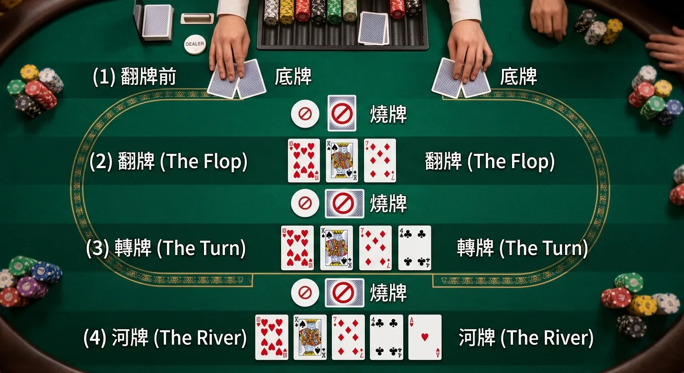 德州撲克發牌流程俯視圖，以牌桌為背景，四個階段由上至下排列：(1) 翻牌前：每人兩張底牌（面朝下），(2) 翻牌：桌面三張公共牌面朝上，(3) 轉牌：第四張公共牌，(4) 河牌：第五張公共牌，每階段之間標示「燒牌」圖示，整體以深綠牌桌色為底。