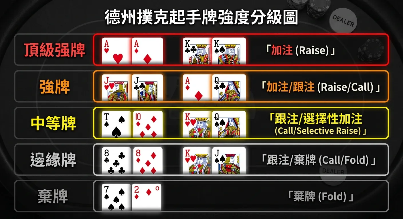 德州撲克起手牌強度分級圖，以撲克牌圖示展示五個等級：頂級（AA、KK 以紅色框標示）、強牌（JJ、AQ 以橙色框標示）、中等（TT、KQ 以黃色框標示）、邊緣（88、KJ 以灰色框標示）、棄牌（72o 以暗灰色框標示），每個等級附上「加注/跟注/棄牌」建議標籤。