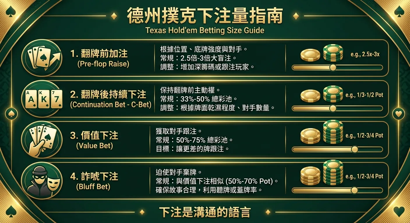 德州撲克下注量指南資訊圖，分為四個橫向區塊，每個區塊標示一種下注場景（翻牌前加注、翻牌後持續下注、價值下注、詐唬下注），右側以籌碼堆疊圖示呈現建議下注量比例，底部附有「下注是溝通的語言」標語，配色使用金色與深墨綠
