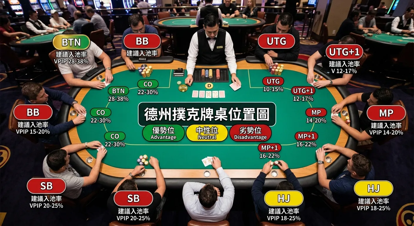 德州撲克牌桌位置圖，俯視角度顯示橢圓形牌桌，桌上標示所有位置名稱：BTN（按鈕位，金色標示）、SB、BB、UTG、UTG+1、MP、MP+1、HJ、CO，以三種顏色區分優勢等級：綠色=優勢位（BTN、CO）、黃色=中性位（MP、HJ）、紅色=劣勢位（UTG、SB、BB），每個位置旁標示建議入池率百分比