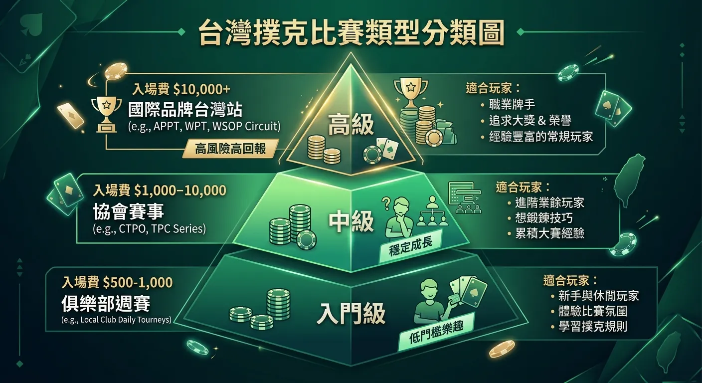 台灣撲克比賽類型分類圖，以三個層級呈現：底層「入門級」（入場費 $500-1,000，俱樂部週賽）、中層「中級」（入場費 $1,000-10,000，協會賽事）、頂層「高級」（入場費 $10,000+，國際品牌台灣站），每層標示適合的玩家類型。配色使用深綠漸層