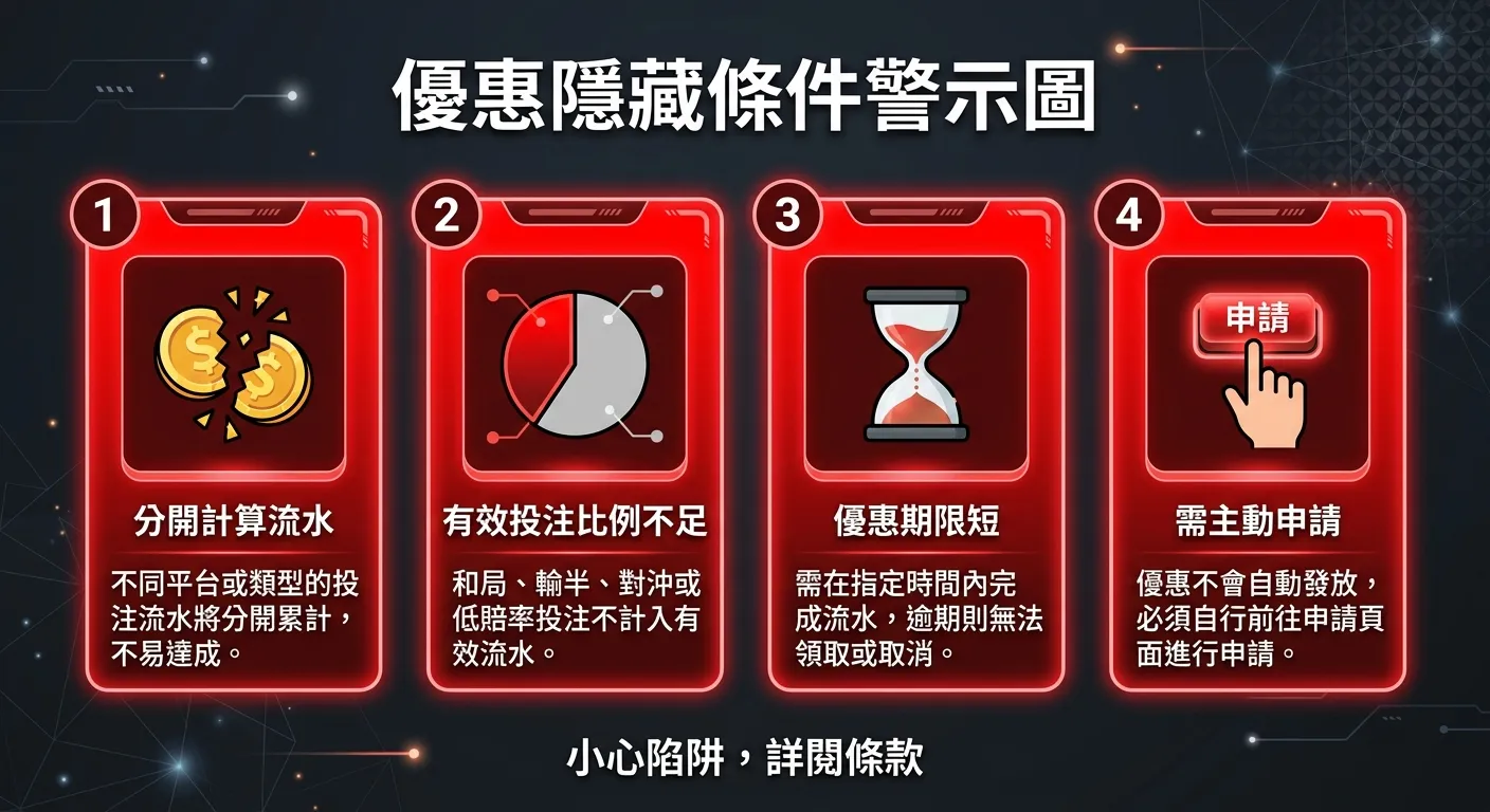優惠隱藏條件警示圖，四個紅色警示卡片依序排列：(1)分開計算流水（圖示為分裂的金幣）(2)有效投注比例不足（圖示為半個圓餅圖）(3)期限短（圖示為沙漏快漏完）(4)需主動申請（圖示為舉手按鈕），每張卡片附有一行提醒文字。配色使用紅色警示搭配深灰背景
