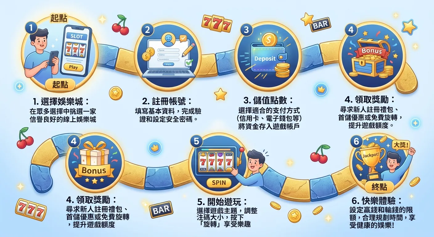 新手第一次玩線上 Slot 六步驟流程圖，以蜿蜒的路徑呈現（類似桌遊路線），六個站點由起點到終點依序排列，每個站點有圓形圖示和步驟說明，路徑旁邊散落 Slot 相關元素（櫻桃、7 字、BAR 符號），配色使用友善的淡藍和金色
