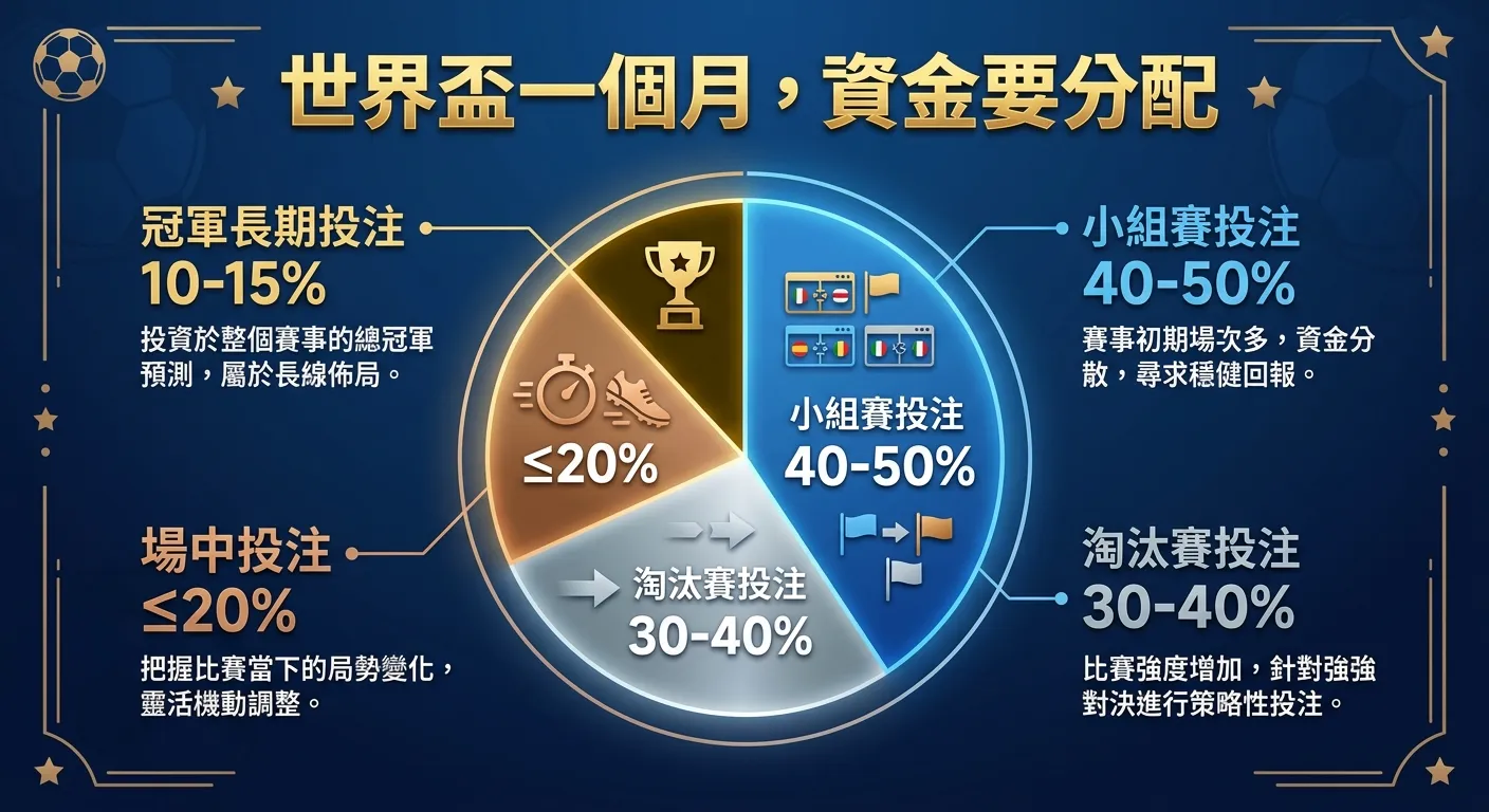 世界盃投注資金配置圓餅圖，四個區塊：冠軍長期投注 10-15%（深金色）、小組賽投注 40-50%（藍色）、淘汰賽投注 30-40%（銀色）、場中投注 ≤20%（銅色），圓餅旁附上每個類型的一句話說明，深藍色背景搭配金色標題「世界盃一個月，資金要分配」